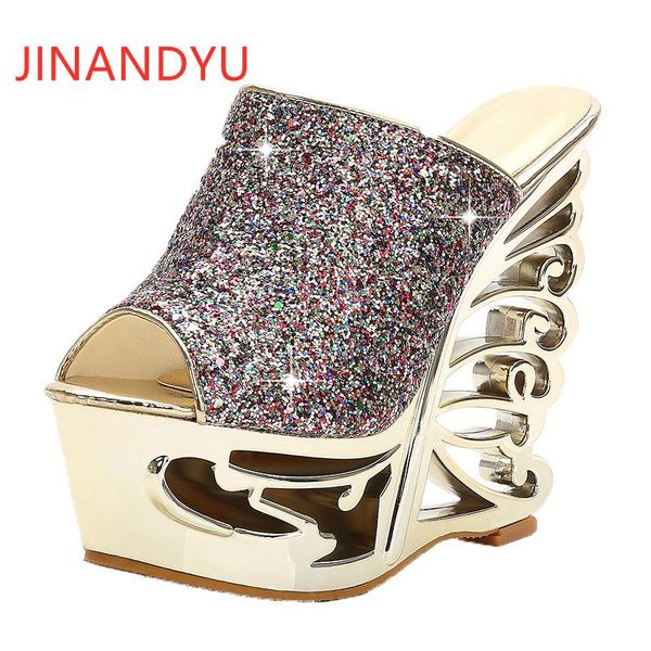 

platform high heels sandals wedding shoes bling woman slippers wedge silver gold sandal, Black
