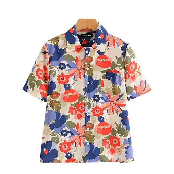 

women fashion floral print button-up loose blouses vintage lapel collar short sleeve female shirts chic 210521, White