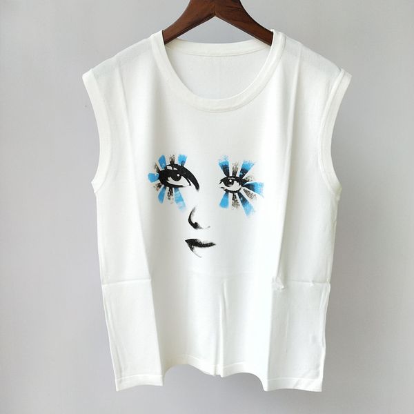 

59% off factory outlet store summer face print round neck sleeveless knitted for women, White;black