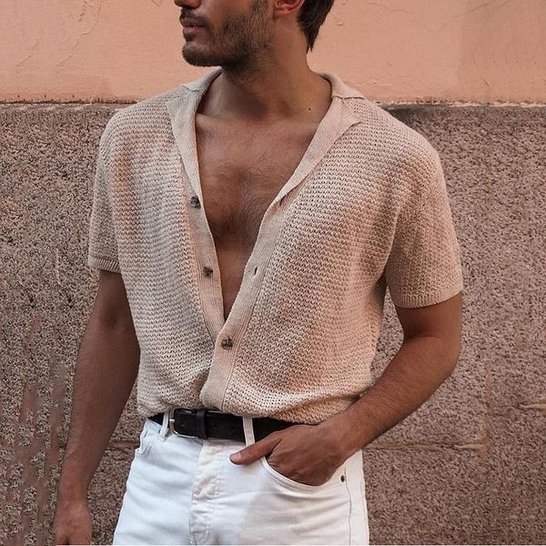 

gentleman solid knitted cardigan men shirt 2021 spring summer men's short sleeve v neck buttons cotton clothing casual shirts, White;black