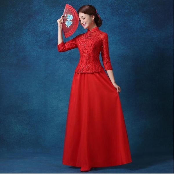 

long chinese wedding lace dress cheongsam women red shanghai story qipao party gown ethnic clothing