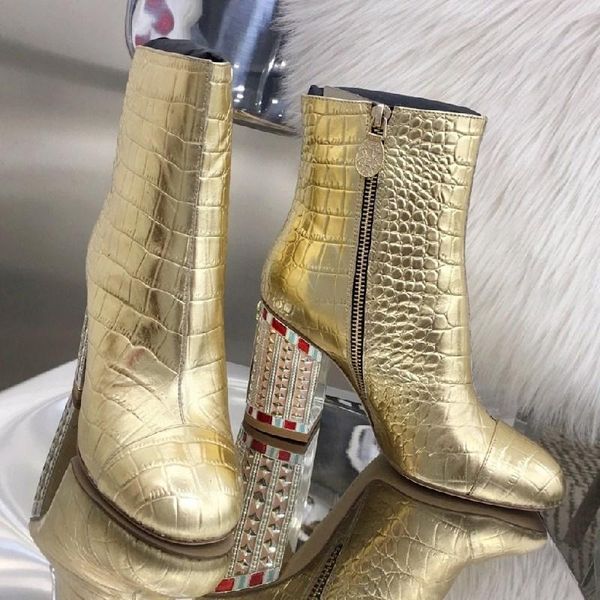 

boots woman high heels zip decoration women golden black genuine leather zapatos de mujer round toe shoes fashion