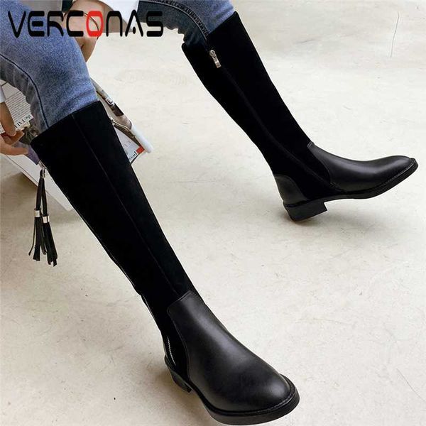 

boots verconas fashion women knee-high autumn winter long shoes woman genuine leather fringe zipper casual thick heels rp73, Black