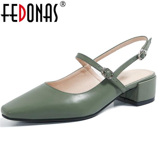 

dress shoes fedonas elegant metal buckle sandals for women genuine leather thick heels pumps summer dancing working square toe woman, Black