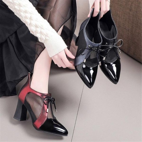 

boots 2021 ladies mesh square heels sandals hollow out women pointed toe pumps summer work ankle shoes for female 34-40, Black