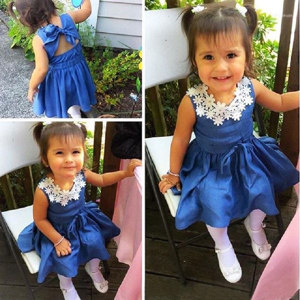 

1-6y birthday party dress toddler kids baby girl floral neck denim sleeveless bow back belt a-line knee-length princess sundress1, Red;yellow