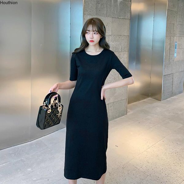 

casual dresses houthion women's o-neck comfortable fashion short sleeve korean summer slim solid dress, Black;gray