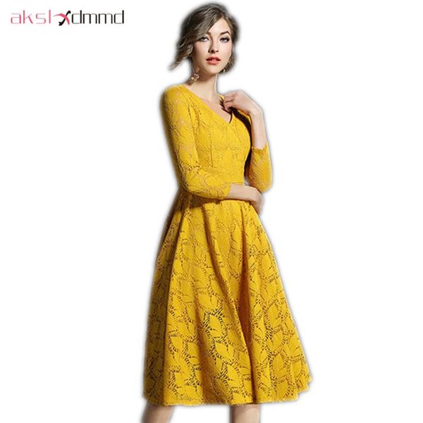 

casual dresses akslxdmmd elegant lace dress 2021 spring fashion v-neck slim mid-long women vestidos lh1331, Black;gray