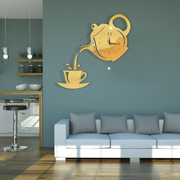 

wall clocks 3d diy clock acrylic mirror effect coffee cup shape teapot kitchen living room dining home decor