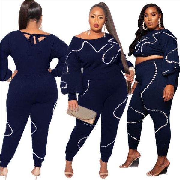 

women's two piece pants shzq plus size solid women beading sets stunning o-neck lady lace-up lantern sleeve knitted pullover loose outf, White
