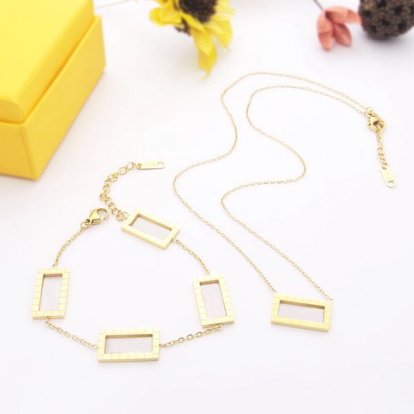 

europe america designer jewelry sets men lady women stainless steel engraved hollow out initials letter square pendant chain bracelet neckla, Silver