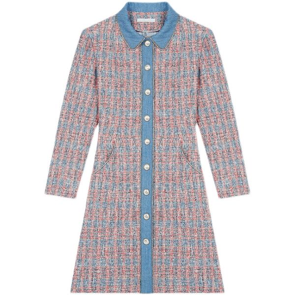 

2021 autumn fall long sleeves lapel neck red knee-length dress plaid tweed panelled blue buttons single-breasted women fashion dresses g1270, Black;gray