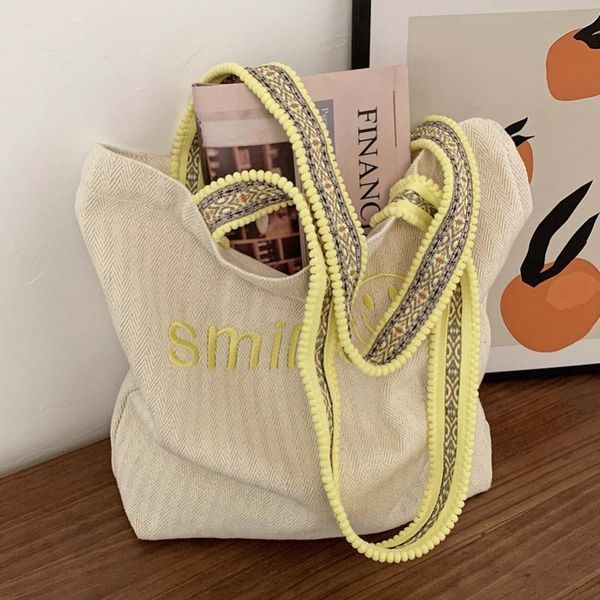 

evening bags casual embroidered smile fashion canvas simple handbags for women stripes shoulder student tote travel shopping