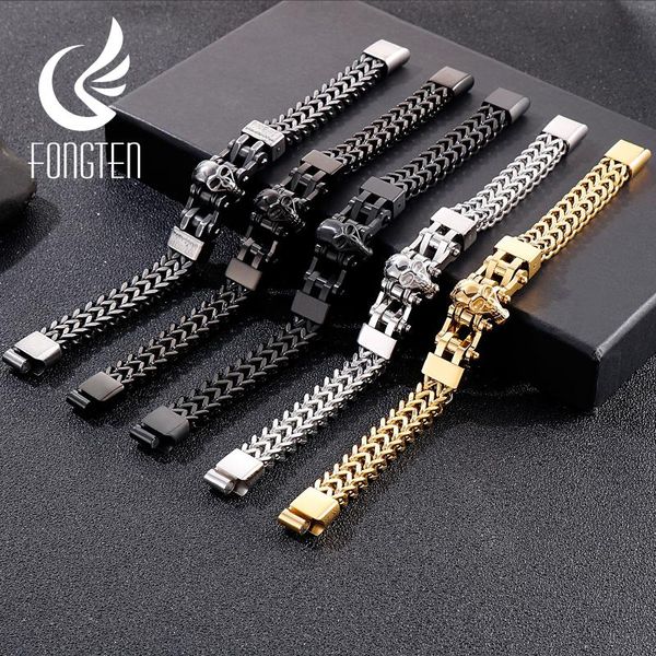 

charm bracelets fongten punk skull men bracelet stainless steel skeleton multiple color mesh chain male jewelry, Golden;silver