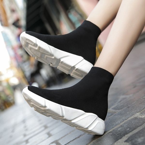 

brand socks shoes breathable high-women shoes flats fashion sneakers stretch fabric casual slip-on ladies shoes 211120, Black