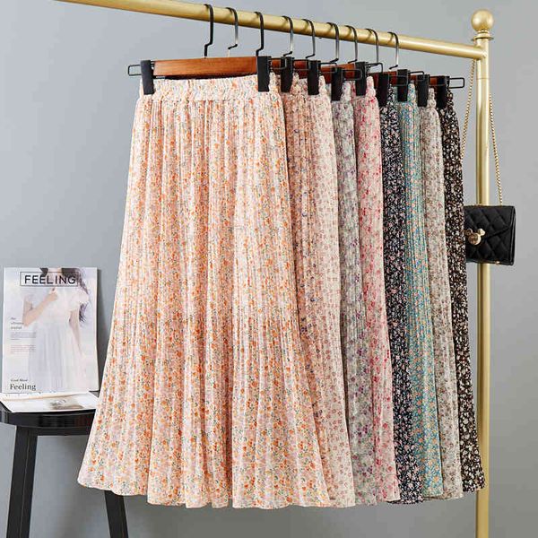 

skirts summer drape sweet floral a-line pleated long chiffon hevp, Black