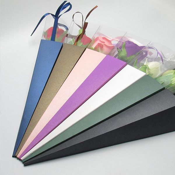 

gift wrap colorful cone single flowers paper bag storage with silk ribbon florist flower packing for festival wedding 42cm