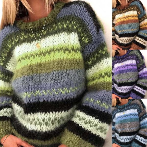 

women's sweaters women long sleeve loose sweater crew neck vintage contrast colored striped pullover thick crochet knitted jumper, White;black