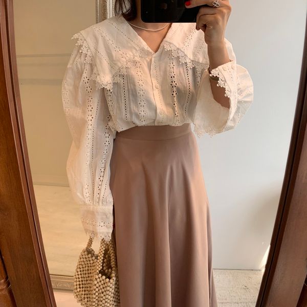 

dress spring summer suits korean two outfits women jacquard hollow out long sleeve shirt + high waist skirt piece m10i ge81, Black;gray