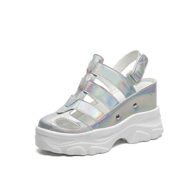 

summer women sandals silver wedge heels sneakers silver round toe high heels platform white flip-flops thick bottom sandals new