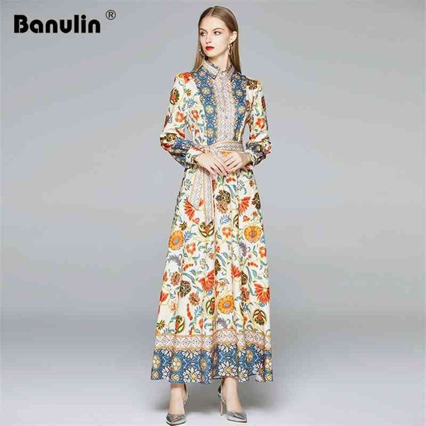 

autumn runway long dresses women's sleeve gorgeous flower print buttons up sashes holidays dress robe ue 210603, Black;gray