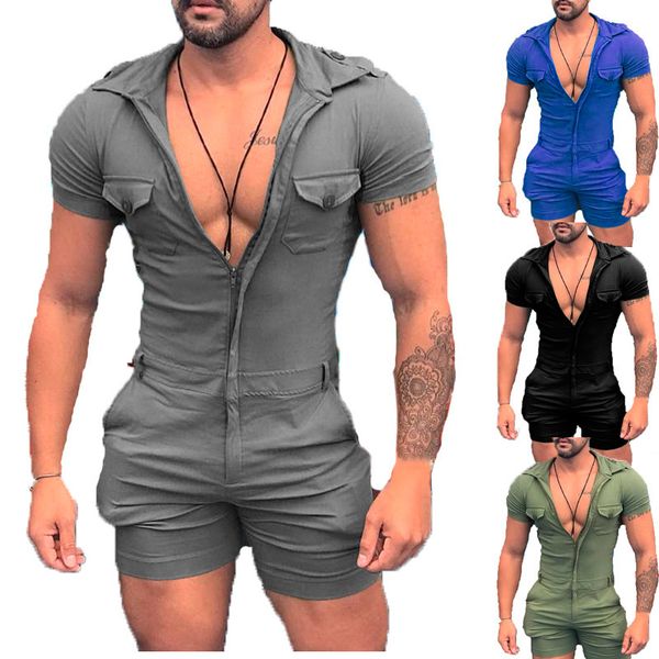 

tracksuit sport suit summer slim personality trend zipper one-piece shirt men's short sleeve shorts, Gray