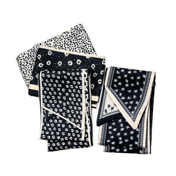 

scarves 2021 fashion women black and white retro print narrow silk scarf long wrist small headband ribbon handle bag accessories, Blue;gray