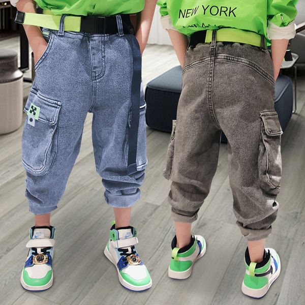 

hip hop boys jeans multi-pocket denim joggers pants new trousers all match waistband jeans fashion clothes boy wear pencil pants, White
