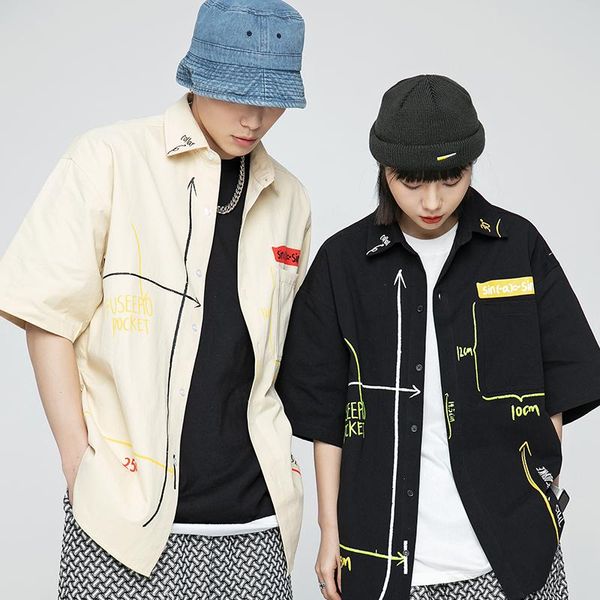 

men's casual shirts spring autumn summer short sleeve embroidery shirt camisa masculina clothes harajuku streetwear oversized splicing, White;black
