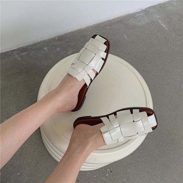 

dress shoes niufuni summer leisure retro hollow woven women's slippers square toes flat sandals muller half baotou simplicity p08r, Black