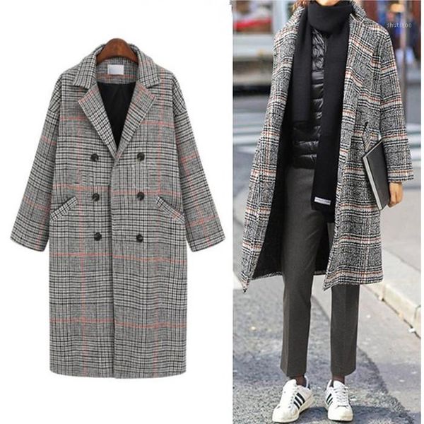

women's wool & blends autumn winter long coat women 2021 casual plus size plaid double breasted blazers jacket female elegant overisze, Black