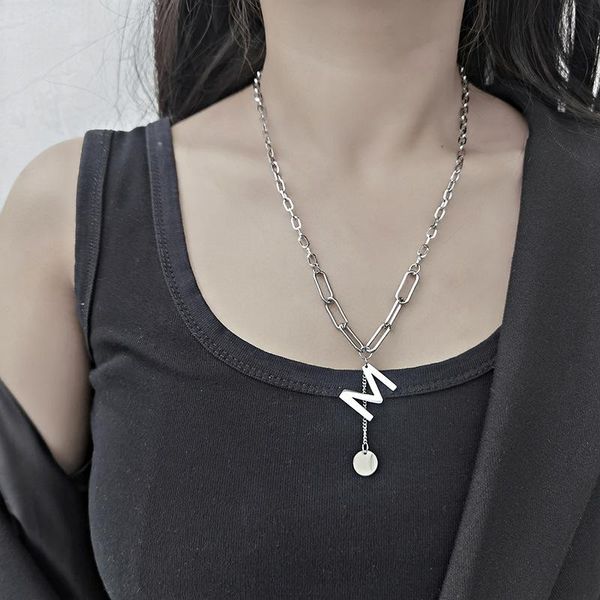 

pendant necklaces titanium steel hip-hop letter necklace female niche design sense ins cold wind long sweater chain men, Silver
