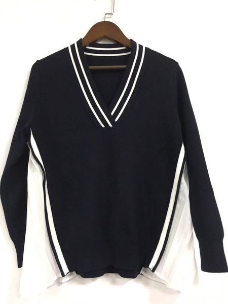 

women's sweaters women sweater contrast color striped side zipper accordion v-neck pullover, White;black