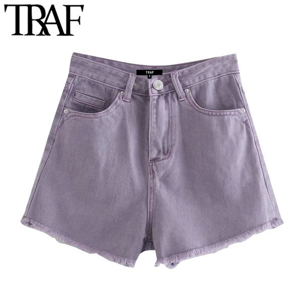 

2021traf women chic fashion pockets frayed hem ripped denim shorts vintage high waist zipper fly female short jeans mujer, Blue