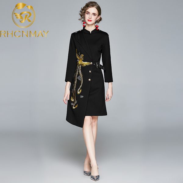 

fashion designer dress spring autumn womens dress stand collar embroidery elegant emperament slim asymmetrical dressesswimwear bathing suit, Black;gray