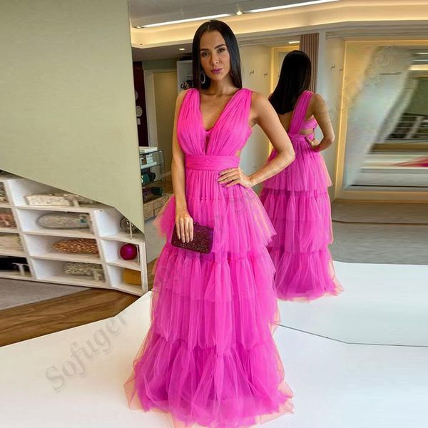 Fuschia Tüll Mädchen Abschluss Abendkleider Prom Robe De Soiree V-Ausschnitt Promi Vestidos Fiesta Prom Kleider nach Maß Costomized