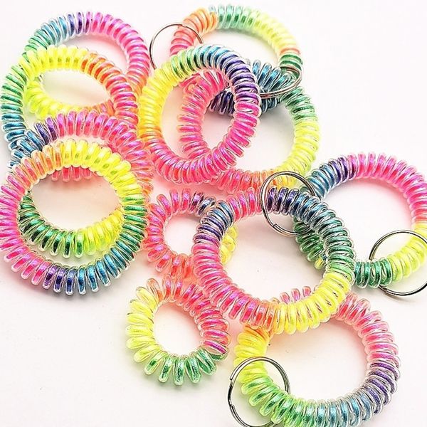 

rainbow color elastic hairbands spring wires key ring spiral shape coil hair ties circle telephone wire line headband keychain acc g38edzy, Slivery;white