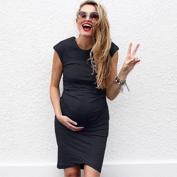 

maternity dresses solid color women round neck sleeveless dress pregnat comfortable midi dresse schwangerschaft kleidung, White