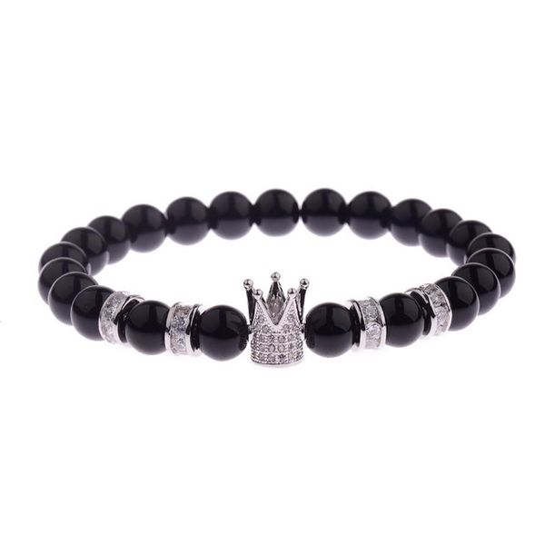 

luxury men's fashion bracelet 8mm natural bright black stone rose gold crown copper inlaid zircon rice beads beaded bracelet