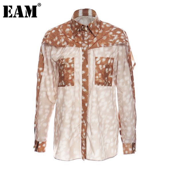 

[eam] women pocket leopard spliced print blouse lapel long sleeve loose fit shirt fashion spring autumn 1dd7364 210512, White