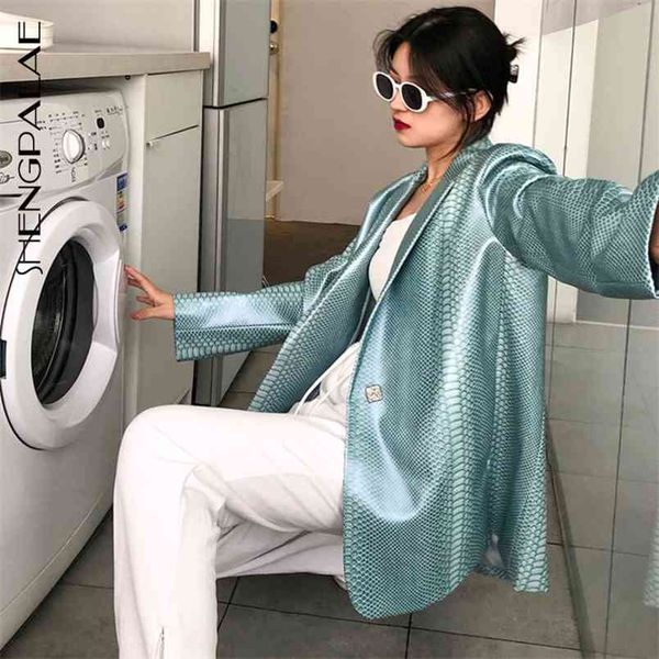 

autumn women's blue green snake print pu leather blazer casual loose lapel long sleeve suit coat trend zc174 210427, White;black