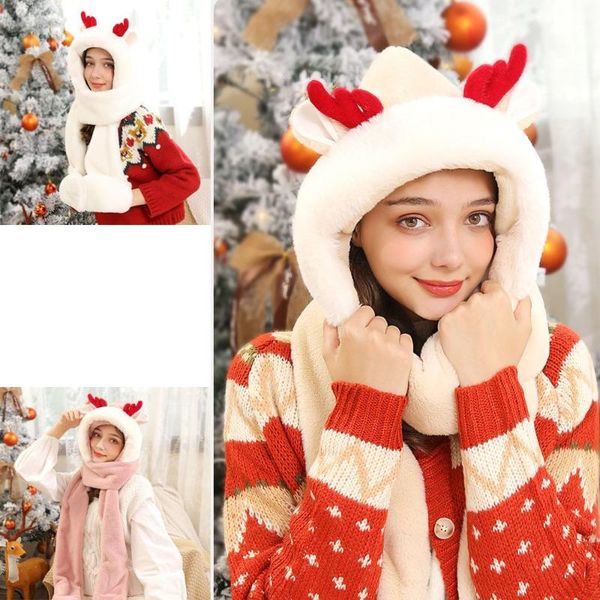 

berets christmas gift wool warm and soft windproof thickened bib cap antlers gloves winter scarf hat set, Blue;gray