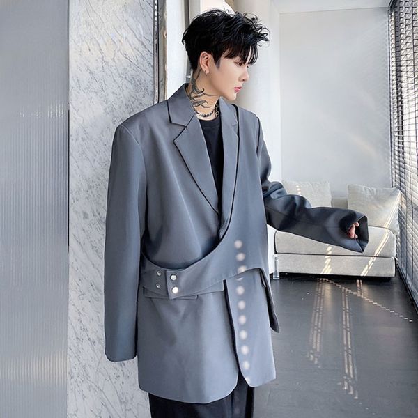 

black grey men's patch fake two-piece suit coat 2021 autumn new long sleeve blazer tide chic male jacket 9y9672, White;black