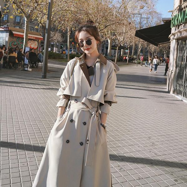 

women's trench coats brand spring autumn long women coat double breasted belted storm flaps khaki windbreaker loose female outerwear, Tan;black