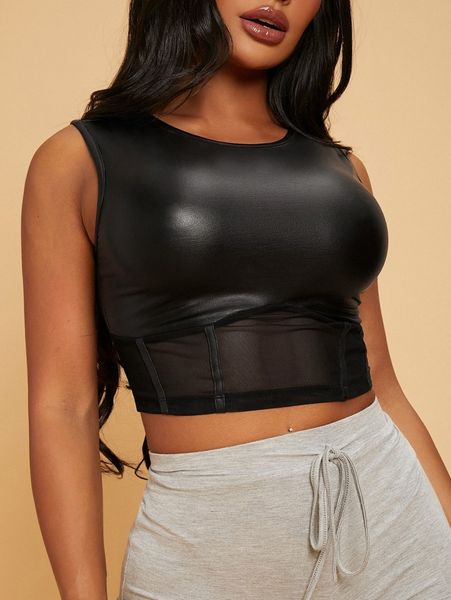 

sxy mesh insert leather look tank i8uw#, White