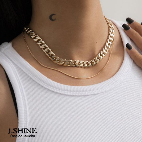 

jshine double layered link snake chain necklace for women gold silver color choker miami curb statement jewelry chokers, Golden;silver
