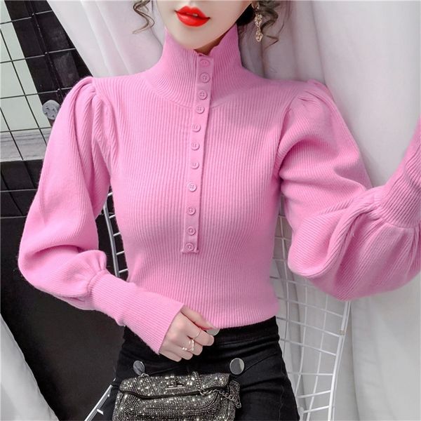 

autumn and winter korean high collar button bubble sleeve sweater pullover bottoming, versatile, thin, women wearing lantern sleeve sweater, White;black