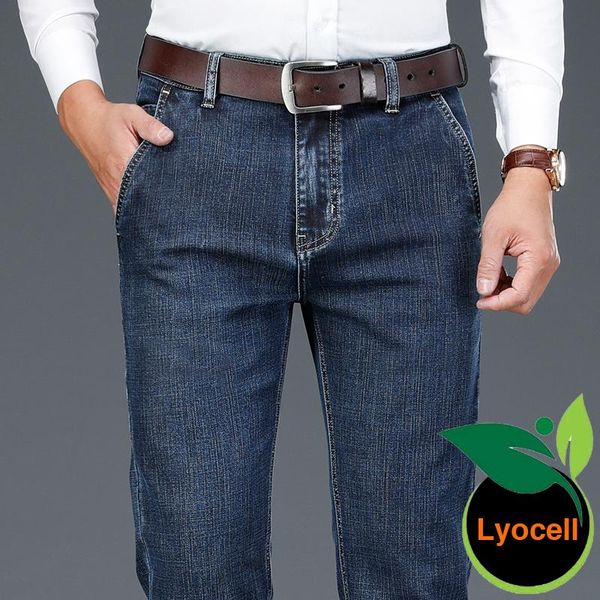 

men's jeans 2021 autumn tencel cotton business casual stretch denim loose straight-leg pants male brand, Blue