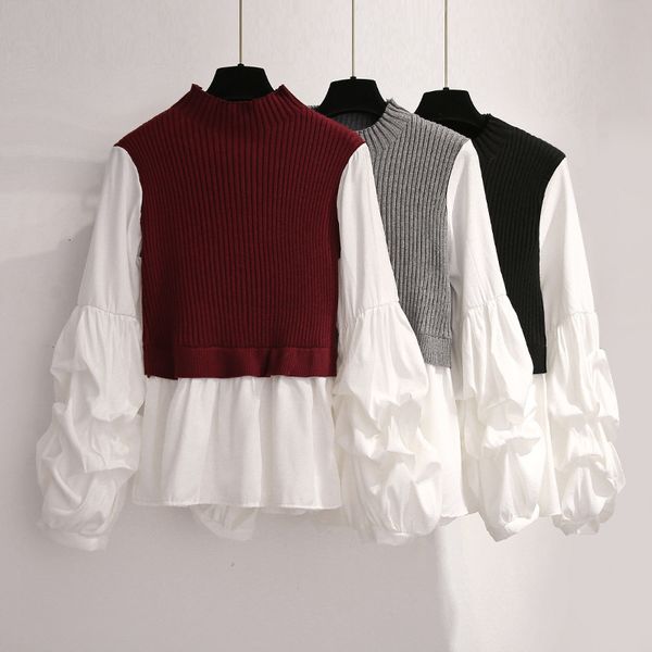 

knits two-piece women's long lantern sleeved knit patchwork shirt pullovers crew neck sweater spring p-465, White