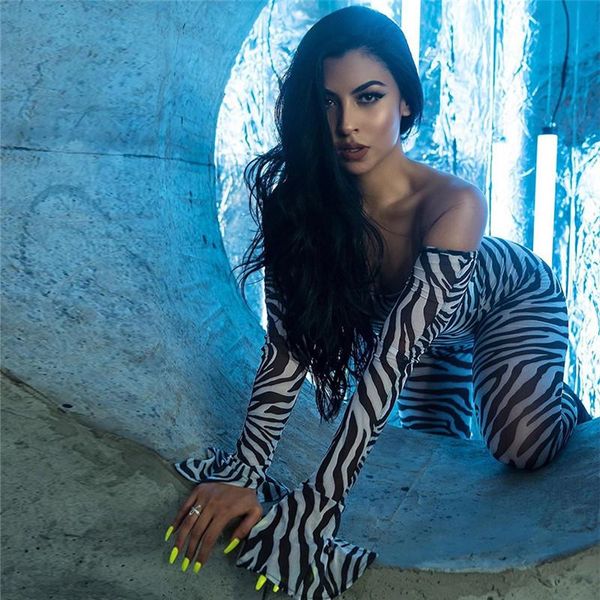 

women's jumpsuits & rompers women clubwear pants off shoulder bodycon long flare sleeve animal leopard print skinny, Black;white
